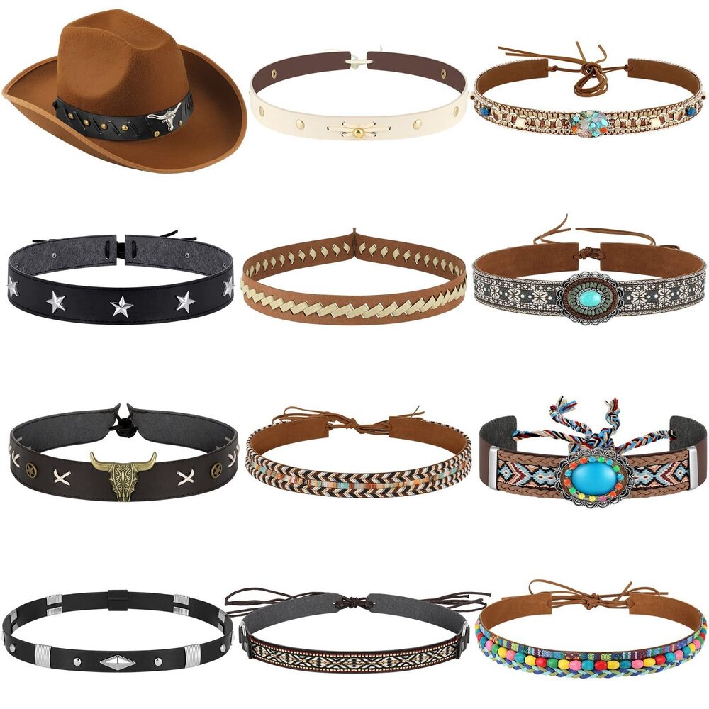 6428 12 Pcs Cowboy Hat Bands Ethnic Western Hat Belts Replacement